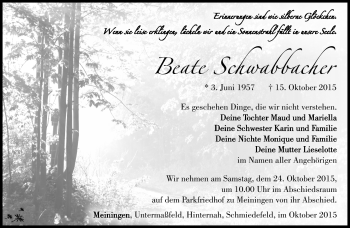 Traueranzeige von Beate Schwabbacher von Südthüringer Presse