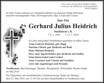 Traueranzeige von Gerhard Julius Heidrich von Südthüringer Presse