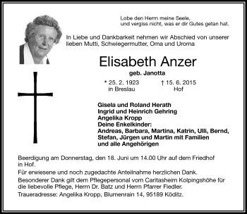 Traueranzeige von Elisabeth Anzer von Frankenpost