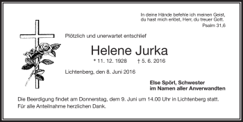 Traueranzeige von Helene Jurka von Frankenpost