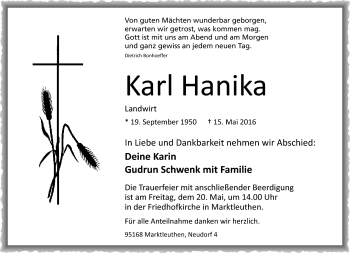 Traueranzeige von Karl Hanika von Frankenpost