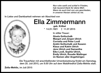 Traueranzeige von Ella Zimmermann von Südthüringer Presse
