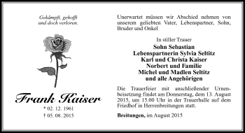 Traueranzeige von Frank Kaiser von Südthüringer Presse