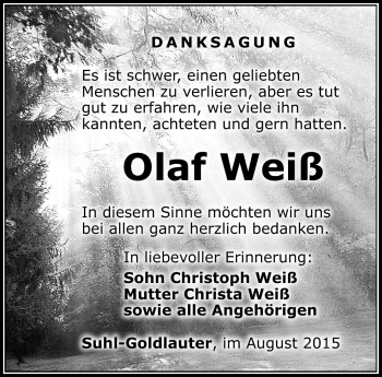 Traueranzeige von Olaf Weiß von Südthüringer Presse