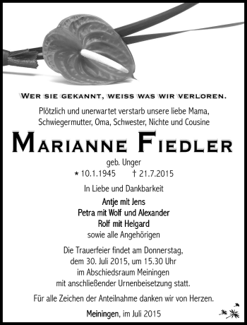 Traueranzeige von Marianne Fiedler von Südthüringer Presse