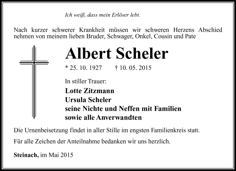  Traueranzeige für Albert Scheler vom 16.05.2015 aus Südthüringer Presse