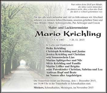 Traueranzeige von Mario Krichling von Südthüringer Presse