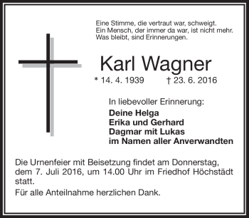 Traueranzeige von Karl Wagner von Frankenpost