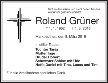 Traueranzeige von Roland Grüner von Frankenpost