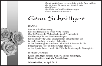 Traueranzeige von Erna Schnittger von Südthüringer Presse