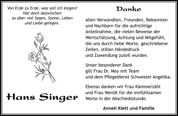 Traueranzeige von Hans Singer von Südthüringer Presse
