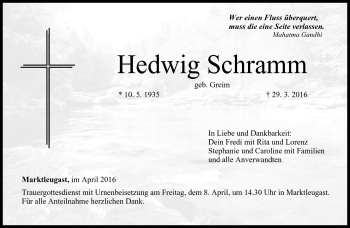 Traueranzeige von Hedwig Schramm von Frankenpost