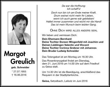 Traueranzeige von Margot Greulich von Südthüringer Presse