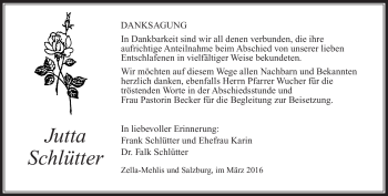 Traueranzeige von Jutta Schlütter von Südthüringer Presse