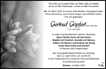 Traueranzeige von Gertrud Göpfert von Südthüringer Presse