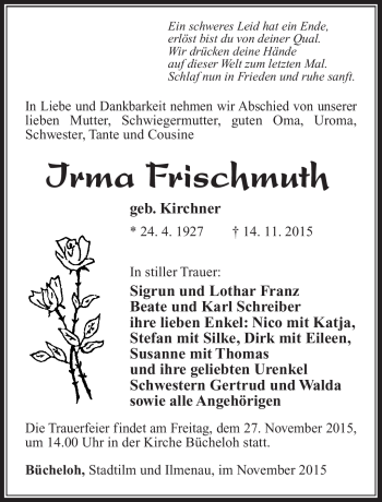 Traueranzeige von Irma Frischmuth von Südthüringer Presse