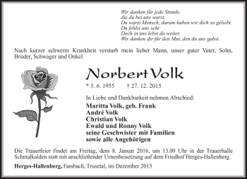 Traueranzeige von Norbert Volk von Südthüringer Presse