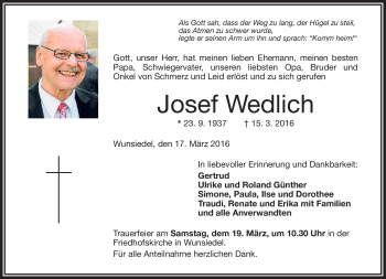 Traueranzeige von Josef Wedlich von Frankenpost
