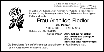 Traueranzeige von Arnhilde Fiedler von Frankenpost