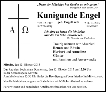 Traueranzeige von Kunigunde Engel von Neue Presse Coburg