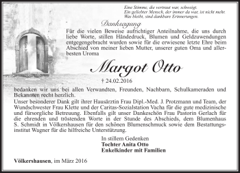 Traueranzeige von Margot Otto von Südthüringer Presse