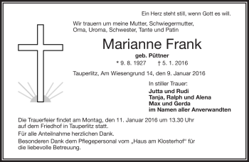 Traueranzeige von Marianne Frank von Frankenpost
