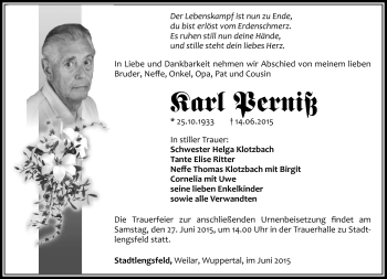 Traueranzeige von Karl Perniß von Südthüringer Presse