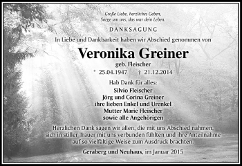 Traueranzeige von Veronika Greiner von Südthüringer Presse