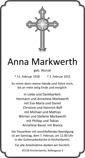 Traueranzeige von Anna Markwerth von Frankenpost