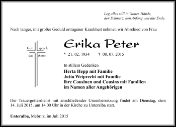 Traueranzeige von Erika Peter von Südthüringer Presse