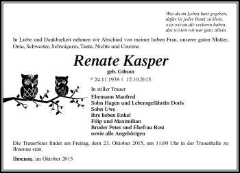 Traueranzeige von Renate Kaspar von Südthüringer Presse