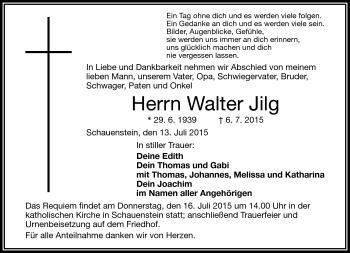Traueranzeige von Walter Jilg von Frankenpost