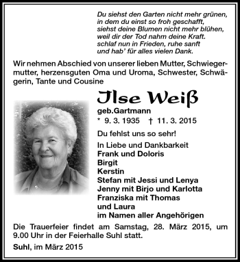 Traueranzeige von Ilse Weiß von Südthüringer Presse