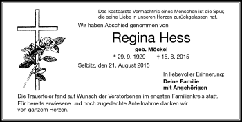 Traueranzeige von Regina Hess von Frankenpost