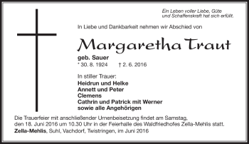 Traueranzeige von Margaretha Traut von Südthüringer Presse