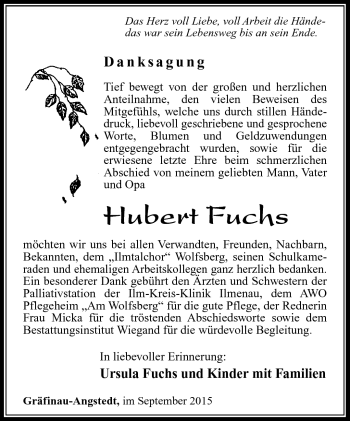 Traueranzeige von Hubert Fuchs von Südthüringer Presse