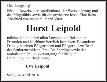 Traueranzeige von Horst Leipold von Südthüringer Presse