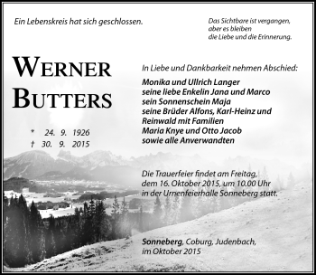 Traueranzeige von Werner Butters von Südthüringer Presse