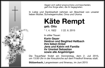 Traueranzeige von Käte Rempt von Südthüringer Presse
