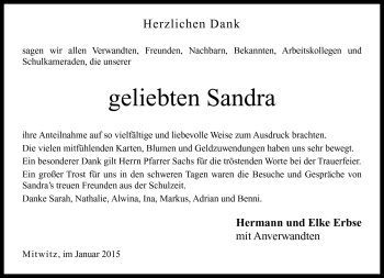 Traueranzeige von Sandra Erbse von Neue Presse Coburg