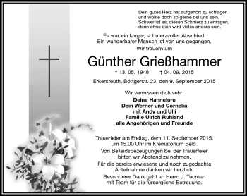 Traueranzeige von Günther Grießhammer von Frankenpost