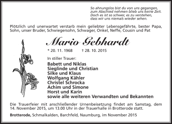 Traueranzeige von Mario Gebhardt von Südthüringer Presse