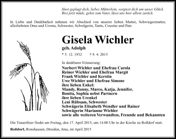 Traueranzeige von Gisela Wichler von Südthüringer Presse