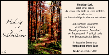 Traueranzeige von Hedwig Schlotthauer von Südthüringer Presse