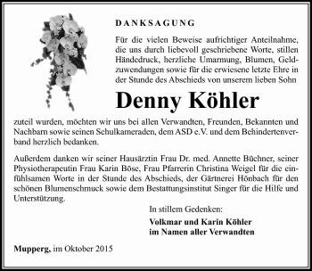 Traueranzeige von Denny Köhler von Südthüringer Presse