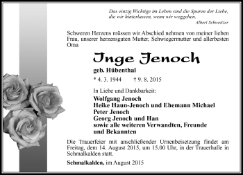 Traueranzeige von Inge Jenoch von Südthüringer Presse