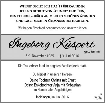 Traueranzeige von Ingeborg Küspert von Südthüringer Presse