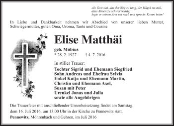 Traueranzeige von Elise Matthäi von Südthüringer Presse