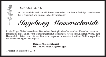 Traueranzeige von Ingeborg Messerschmidt von Südthüringer Presse