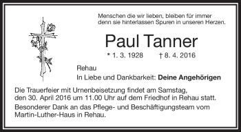 Traueranzeige von Paul Tanner von Frankenpost